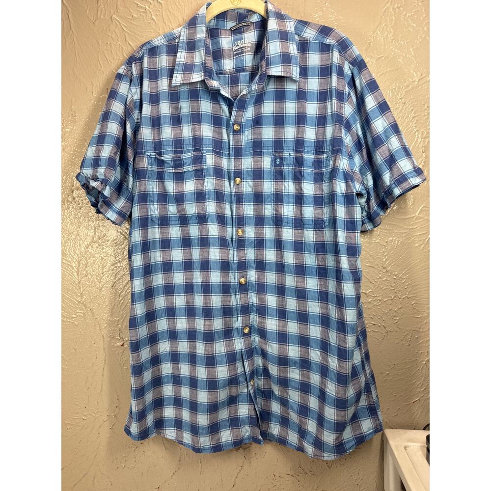Izod Saltwater Shirt Mens Blue Short Sleeve Relaxed Classics Plaid Size Large‎